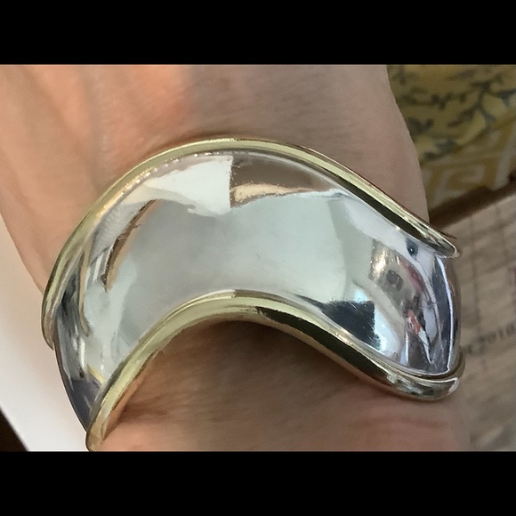 Sterling silver Mexican brass trim cuff bracelet - Picture 7 of 10